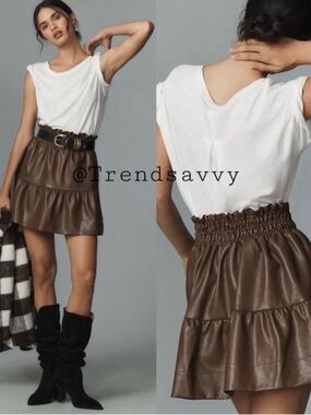 Anthropologie Somerset Brown Faux Leather Smocked Tiered Mini Skirt Medium NWT